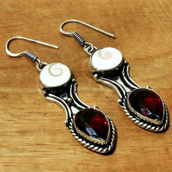 Garnet Shiva Eye Handmade Drop Dangle Earrings Jewelry 2.25" - Picture 1 of 1